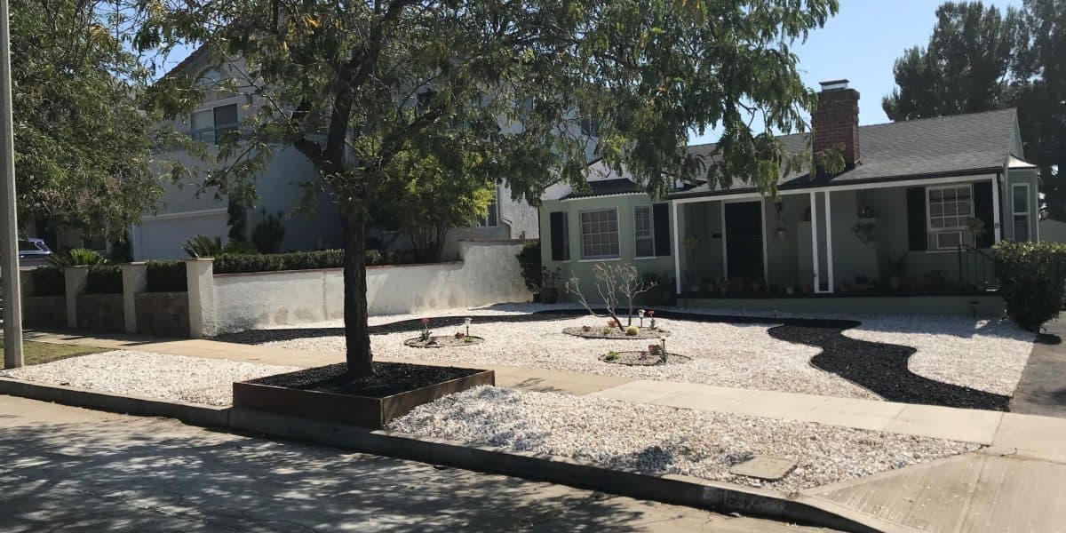 Drought-tolerant planting with gravel and mulch in the same space
