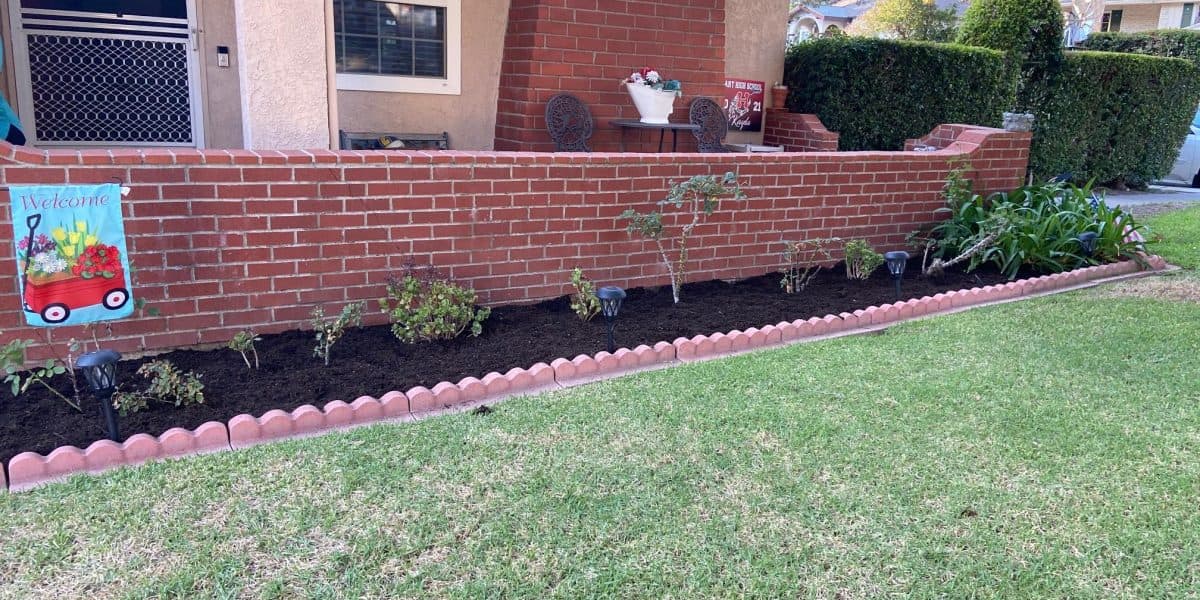The same bed filled with fresh mulch and new plantings