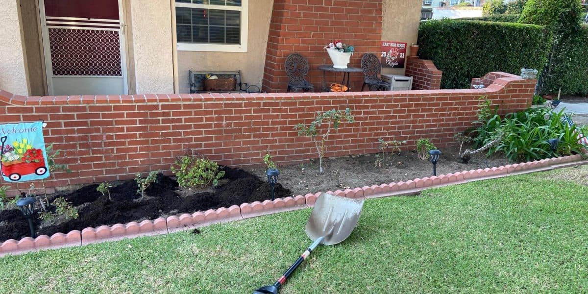 Planting bed with bare soil and weeds along a brick wall